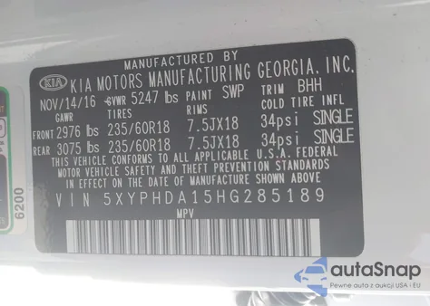 2017 Kia Sorento 2.0T Ex from USA, damaged, VIN 5XYPHDA15HG285189